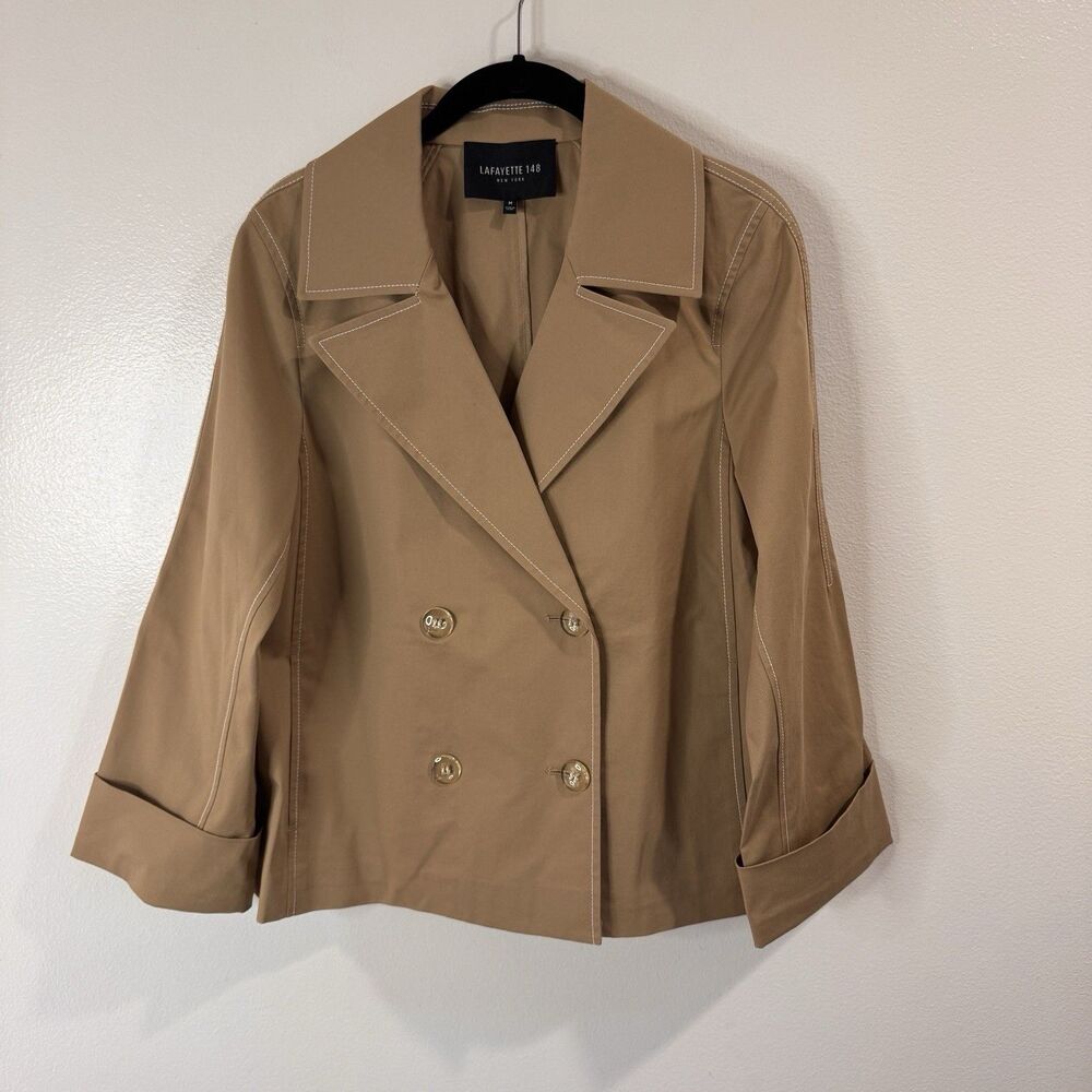Lafayette 148 New York Coat Jacket M Double Breasted Tan Preppy Cotton Canvas